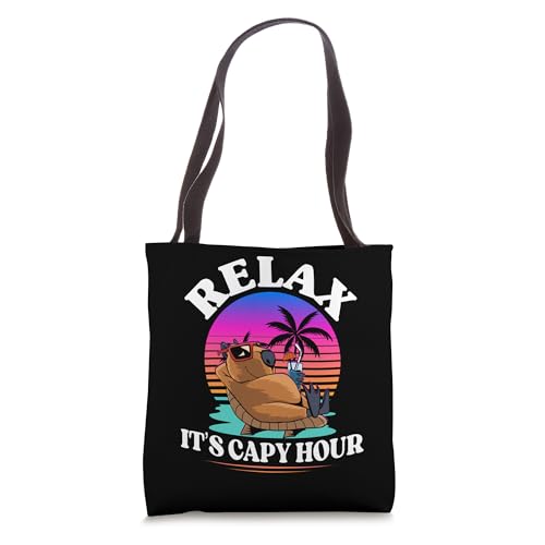 Relax It’s Capy Hour Retro Sunset Funny Capybara Chilling Tote Bag