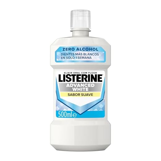 Listerine Advanced White Sabor Suave (1 x 500 ml), enjuague bucal 0% alcohol, enjuague bucal sin alcohol sabor menta, colutorio blanqueador dental para una limpieza óptima