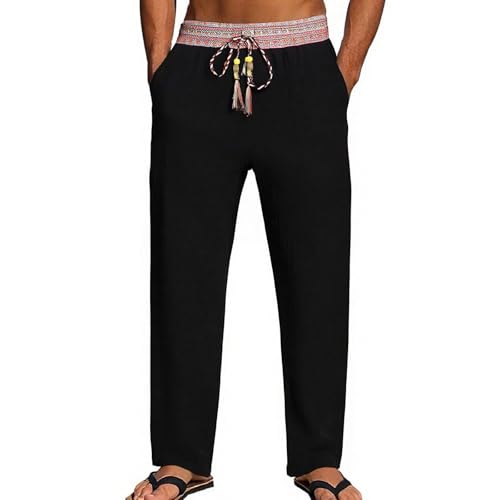 Cambkatl Men’s Vintage Ethnic Patchwork Lounge Pants Elastic Waist Drawstring Loose Workout Beach Pants with Pockets - Main Image