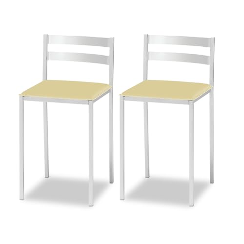 2 Taburetes de Cocina con Respaldo bajo, Franjas horizontales y Asiento tapizado - Estructura Color Blanco - Asiento en Polipiel beig