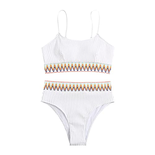 Bikini Reductor Mujer Braga Bañador Mujer Bikini de Piezas con Escote para Traje de Baño Acanalado Corte Traje Baño Deportivo Cintura Bragas Biquinis (White L)