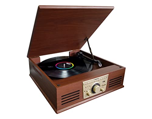 Sunstech PXR32, Tocadiscos Vintage, Reproductor de Vinilo y Reproductor de Musica Mediante Bluetooth, USB, Tarjetas de Memoria SD y conexión Auxiliar. Sintonizador de Radio FM. 2 Altavoces. Madera.