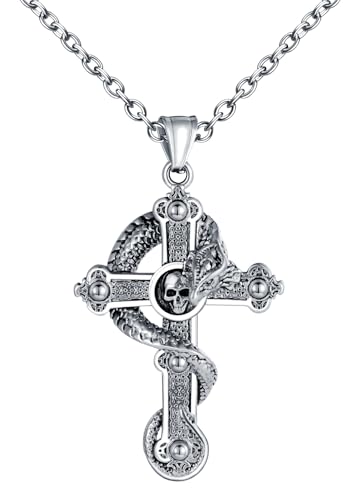 INFINIONLY Collier Croix en Acier Inoxydable pour Hommes Pendentif Créatif de Croix avec Dragon Hip Hop Colliers con Tête de Mort Halloween Bijoux Fantaisie...