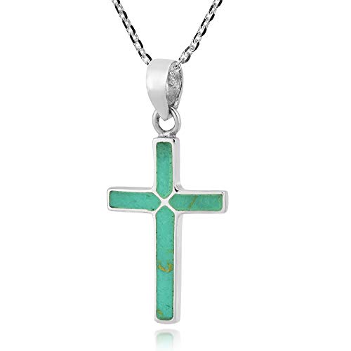 AeraVida Cross of Faith Simulated Green Turquoise Inlaid .925 Sterling Silver Pendant Necklace | Cross Pendant Necklace | Turquoise Pendant Necklace Sterling Silver | Turquoise Cross Pendant - Image 3