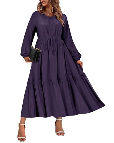 TIYOMI Women's Plus Size Fall Maxi Dresses 2025 Casual V Neck Button Drawstring Long Sleeve A Line Floral Boho Dress Pockets