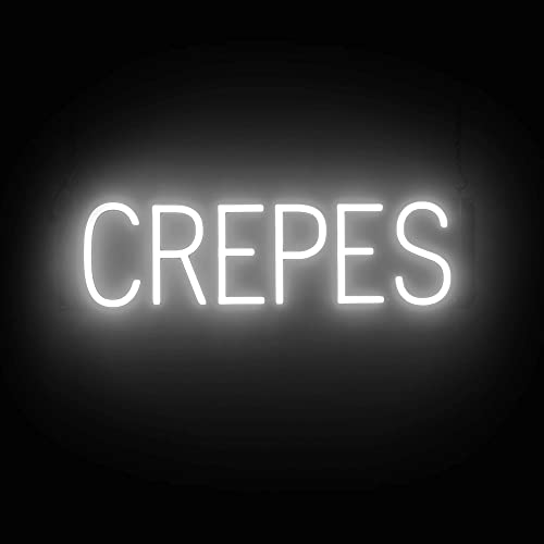 Image of SpellBrite LED Neon CREPES Sign for Business - White, 23 inch x 6 inch | Ultra-Bright Click-Together Signage for Restaurants, with Visibility from 500 Feet - 8 Animations, 6 Brightness Settings