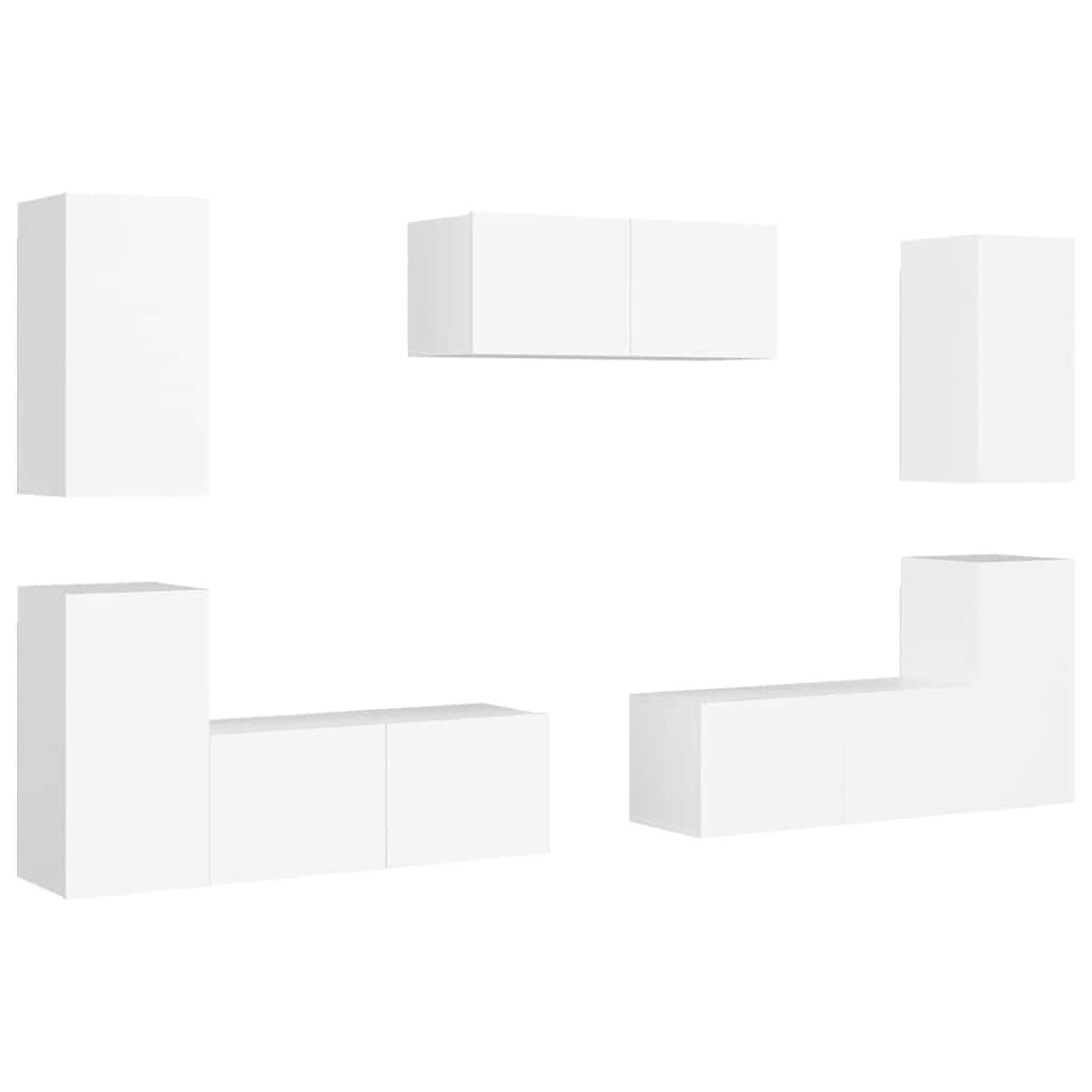 7-TLG. TV-Schrank-Set, Weiß Holzwerkstoff, Wandmontage, Modernes Media-Center für Wohnzimmer und Schlafzimmer, Viel Stauraum für DVDs und Bücher