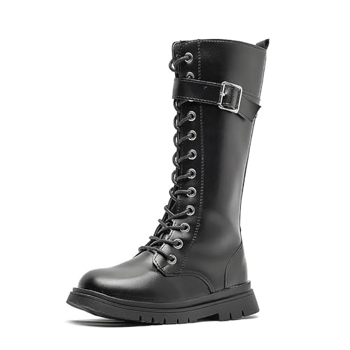 Boys Girls Combat Boots Lace Up Girls' Goth Side Zipper PU Leather Punk Booties Waterproof Mid Calf Riding Winter Boot for Toddler/Little Kid/Big Kid