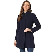 Allegra K Women's Winter Overcoat Mid-Long Stand Collar Single Breasted Coat Outerwear Navy Blue L