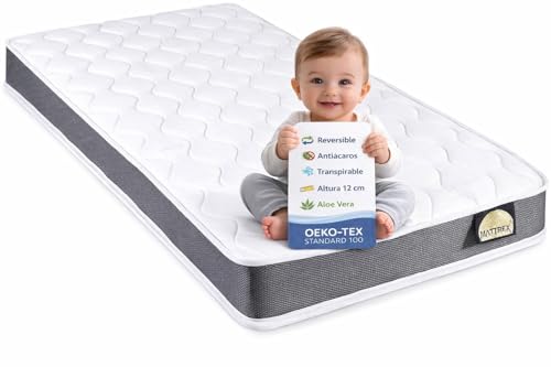 MATTREX | Colchón Cuna 140x70x12 cm EcoFoam HR Adapt Foam Reversible Verano e Invierno – Colchón Cuna 70x140 cm Transpirable 3D, Aloe Vera, antiácaros, Oeko-Tex, Hecho en España