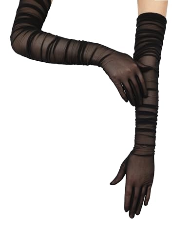 QRBTSCL Women's Stretchy Super Long Tulle Gloves Ruched Opera Mush Semi Sheer Gloves for Evening Party Black, One Size