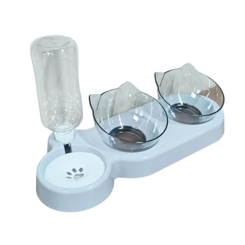 3-in-1 Katzen Futternapf Set, Doppelnapf mit Wasserspender, Futternapf Futterschüssel für Katzen und Kleine Hunde(Grauer Boden, transparente Schale)