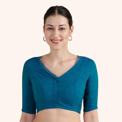 Image of Studio Shringaar Women's Handloom Cotton Side Stretchable (Smocked) Readymade Saree Blouse with Crochet Neckline