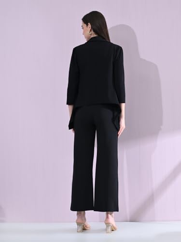 Image of Women's Solid Relaxed Fit 3 /4 Sleeve Cotton Blend Co-ord Blazer and Trouser Set