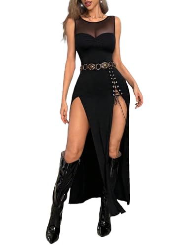 GothDark Womens Sexy Bodycon High Slit Dress Mesh Detail Gothic Y2K Midi Dress Formal Club Party Outfit Halloween Dresses
