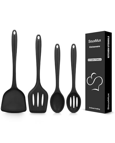 SouxMux 4 Pcs Silicone Kitchen Utensils Set,Wok Spatulas-Slotted Turner-Cooking Spoon-Slotted Spoon,Nonstick BPA Free High Heat Resistant Cooking for Frying, Mixing,Serving, Draining, Stirring, Black