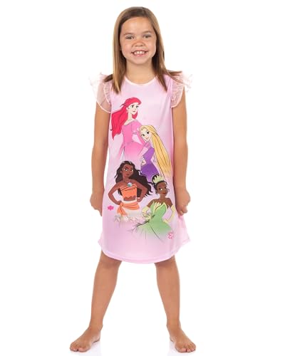 Disney Princess Nightgown Girls' Princess Ariel, Rapunzel, Moana, Tiana Ruffle Sleeve Sleepwear