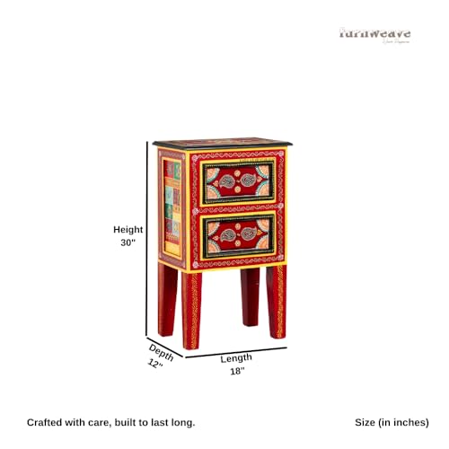 Image of Wooden Bedside Table for Bedroom with Drawer | Solid Wood Handcrafted Bed Side Table | Antique Side Table for Home Decor | Decorative Chest of Drawer for Living Room (Red)