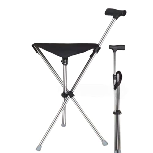 AOUCN 3本脚設計 折りたたみ杖椅子,アルミ合金、ハイキング補助具 - シート付き、耐荷重100kg、滑り止め設計、伸縮式アウトドアチェア(ブラック) (ブラック)