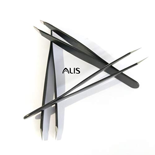 Image of Alis Professional Stainless Steel Tweezers Set - 3 Pieces Combo Set | Great Precision for Facial Hair, Eyebrows Extensions, Ingrown Hair, Splinter, Blackhead, Nose Hair Remover (Black)