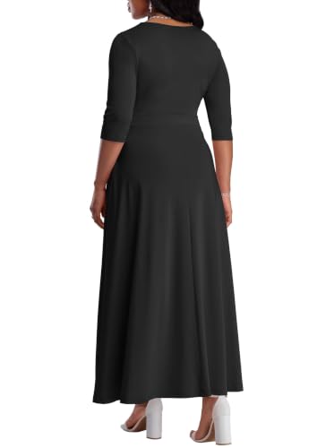 Image of FANDEE Fit-and-Flare Maxi Dress Round Neck Pleated Front Side Pockets | Front pleats soft flatter your bust shape; Empire Waist lengthen your figure; 3 /4 sleeves round neck suit for many occasions