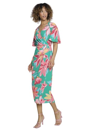 Image of Maggy London Women's Floral Midi Summer Dress for Women with Faux-wrap Bodice and V-Neckline, Wedding Guest Dress