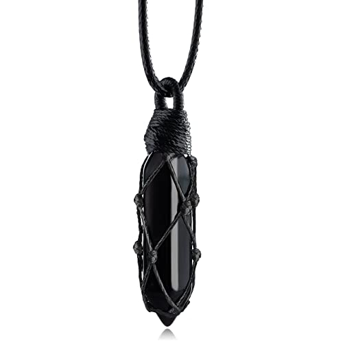 Black Obsidian Healing Crystal Points Necklace Adjustable Rope Hexagonal Wrapped Braided Stone Pendant Necklace Handmade Gemstone Jewelry for Men Women