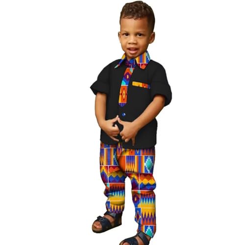 Image of XIAOHUAGUA African Clothes for Boy Kids African Outfit 2 Pcs Set Kente Print Shirt and Long Pants