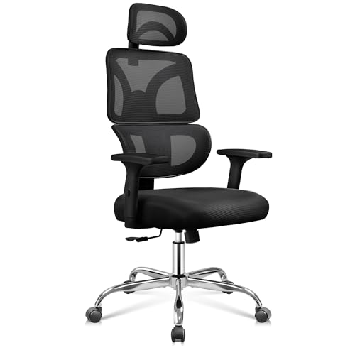 DEVAISE Silla de Oficina Ergonómica, Reposacabezas 3D y Reposabrazos 3D de Rebote, Inclinación 90°-135°, Malla Transpirable, Soporte hasta 180 kg, Altura Ajustable para Oficina, Negro