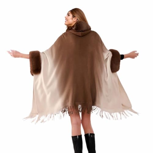 Women Hooded Poncho Cape Faux Fur Trim Shawl Wrap with Tassel Faux Fur Collar Cardigan Cloak for Party Evening3