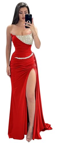 Mermaid Prom Dresses for Women Sparkly Sequins Spandex Satin Formal Dress with Slit Strapless LW145