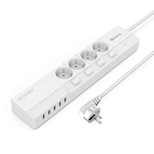 DREVO DP45 Regleta Enchufes de 4 Tomas Regleta Enchufes con 5 USB Puertos con Alargadora Cable de 1.5m con Múltiples Protección - Carga para Samsung IPad Iphone Tablets y Otros Dispositivos, Blanco
