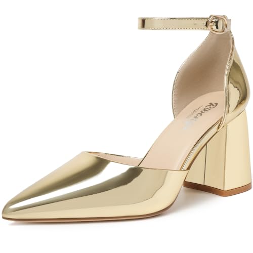 Image of RIBONGZ Block Heels for Women Closed Pointed Toe Heeled Slingback Chunky High Heel Ankle Strap Pumps Patent Leather Comfort Dressy Shoes for Work Party Prom Wedding Bridal Dress
