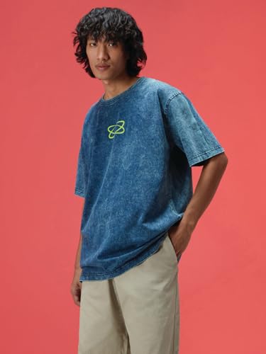 Image of Veirdo Heavy GSM Pure Cotton Men's Graphic Print Oversized Fit Half Sleeve Round Neck Cotton Acid Wash Print T-Shirt in Different Colors with Sizes ranging from S to 2XL.