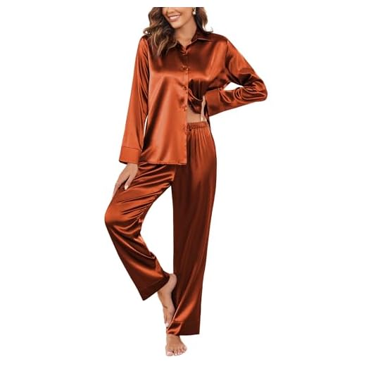 Ekouaer Silk Pajamas for Women Classic Button Down Pj Sets Satin Sleepwear Comfy Long Sleeve Loungewear Caramel XL