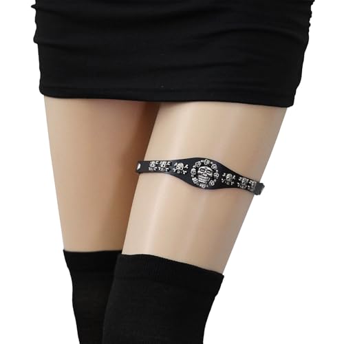 2PCs Punk Faux Leather Skulls Leg Garter, Elastic Rock Thigh Garters Belt for Women Parties, Black2