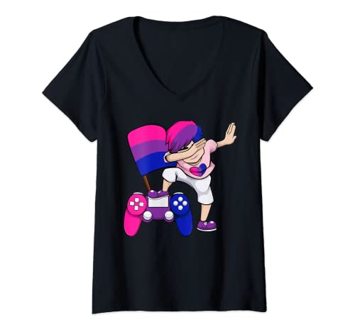 Womens Dabbing Bisexual Gamer LGBT-Q Video-game Controller Bi Pride V-Neck T-Shirt