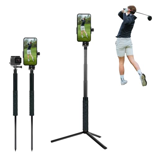 Golf Tripod and Monopod Selfie Stick with Ground Spike Stake, Phone Tripod Holder for Recording Golf Swing, 52" Adjustable Golf Selfie Stick for Swing Training Aid