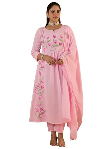 Image of INDO ERA Women's Pure Cotton Floral Embroidered A-Line Kurta & Pant With Dupatta Set (IEBGC11750)