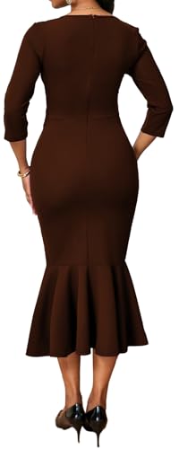 Image of Elegant Dress for Women Sexy V Neck Long Sleeve Bodycon Midi Fishtail Dresses