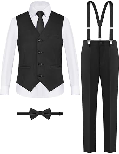 Image of Boys Husky Suit Vest 4 Pieces Kids Black Formal Vest and Pants Set for Wedding Ring Bearer, Easter, First Communion, Confirmation, Graduation (Size 20 Husky)