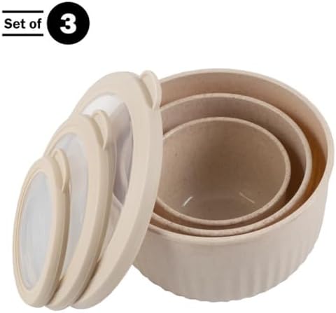 Set of 3 Bowls with Lids - Microwave, Freezer, and Fridge Safe Nesting Mixing Bowls - Eco-Conscious Kitchen Essentials by Classic Cuisine (Beige), S, M, L - Thumbnail 4