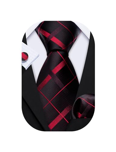 Image of Barry.Wang Plaid Ties for Men Silk Necktie Handkerchief Cuff Links Set