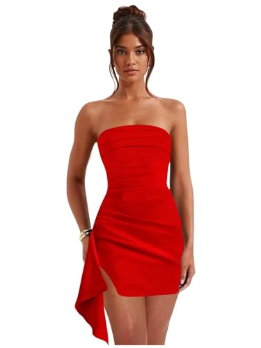 Strapless Homecoming Dresses for Teens Tight Satin Ruffle Slit Short Prom Gown Cocktail Dress