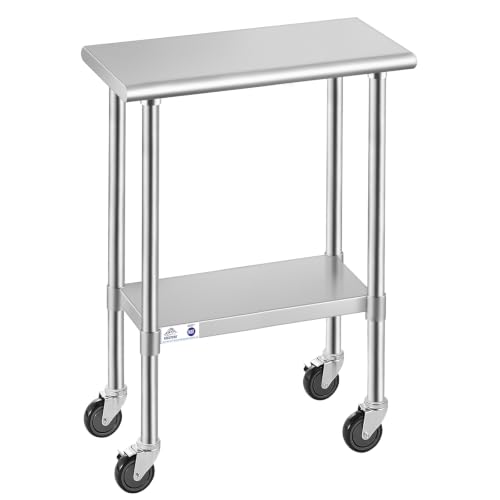 Image of ROCKPOINT Stainless Steel Table for Prep & Work with Caster Wheels 14x30 Inches, NSF Metal Commercial Kitchen Heavy Duty Table with Adjustable Under Shelf and Table Foot for Restaurant, Home and Hotel