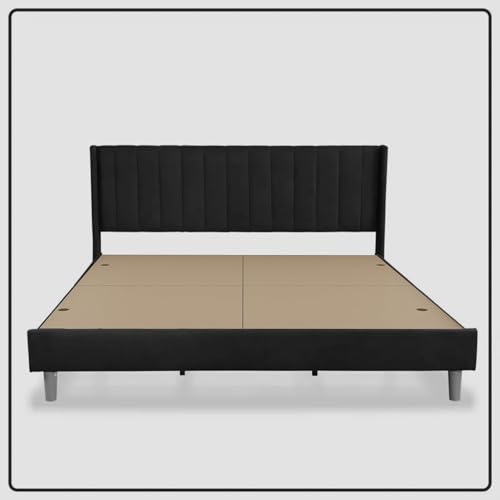 Image of Low Profile Upholstered Platform Bed with Winback Headboard | Bed King Size | Bed Without Storage | Upholstered Beds King Size | Mattress not Included | Yellow