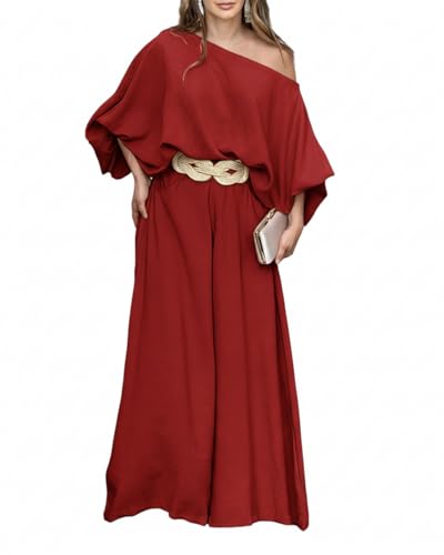 Image of CHICME Women Summer 2 Piece Outfits Off Shoulder Top Flowy Wide Leg Pants Set Vacation Travel Airport Outfits