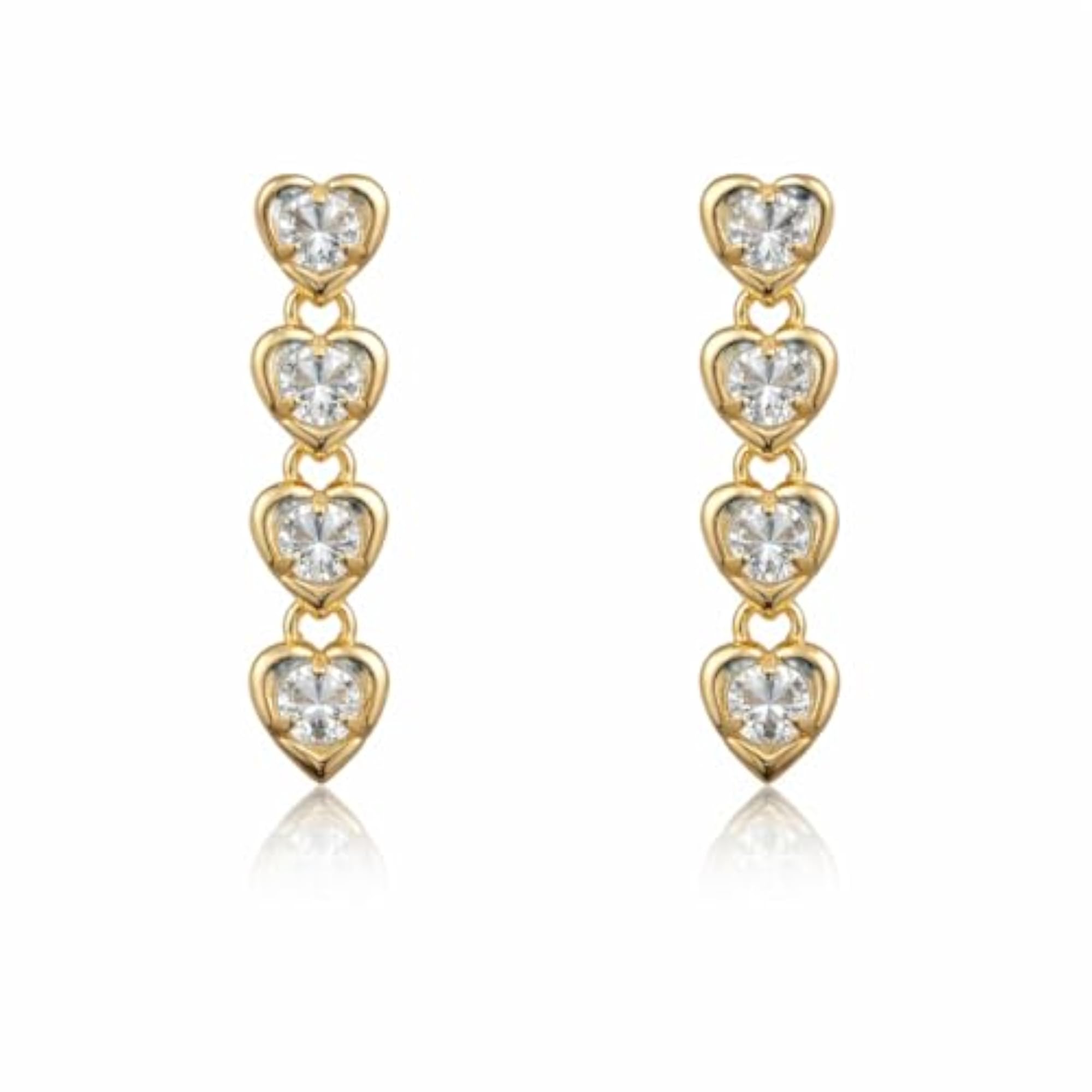 Gold Plated Round Heart Dangle Earrings with White Cubic Zirconia