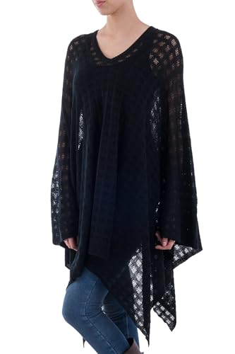 NOVICA Artisan Handmade Baby Alpaca Blend Poncho Black Bohemian Style One Size Fits Most from Peru Wool Clothing Patterned ' Beautiful Shadow'2