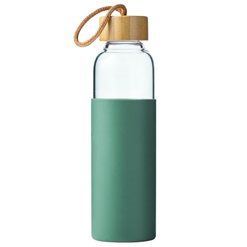 wangsdjy 21oz Glass Water Bottle with Silicone Sleeve & Bamboo Lid, BPA Free Reusable Water Bottle Glass for Gym Office Travel, Gift for Fitness Enthusiasts (Green)
